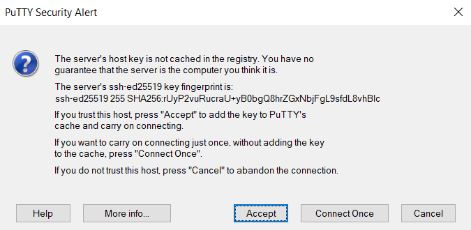 Screenshot of dialog box asking to confirm host keys fingerprint