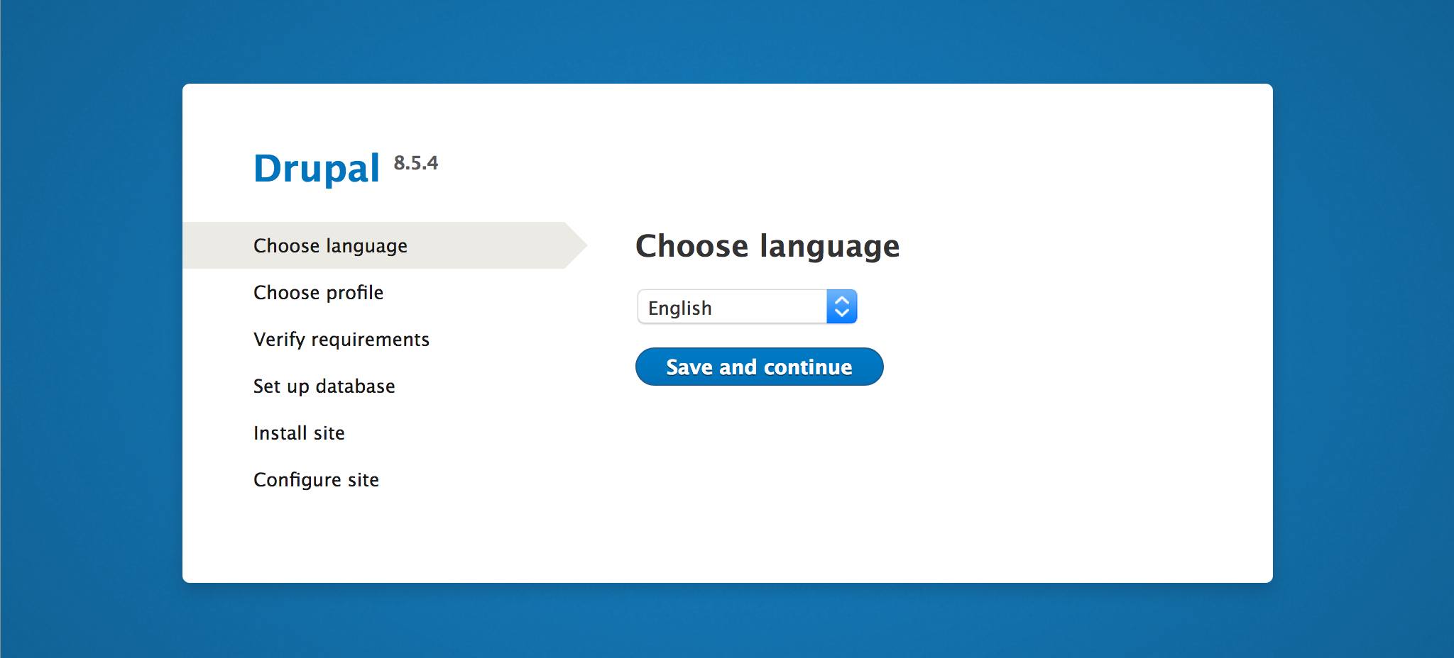 Drupal setup screen in the web browser - Choose language page