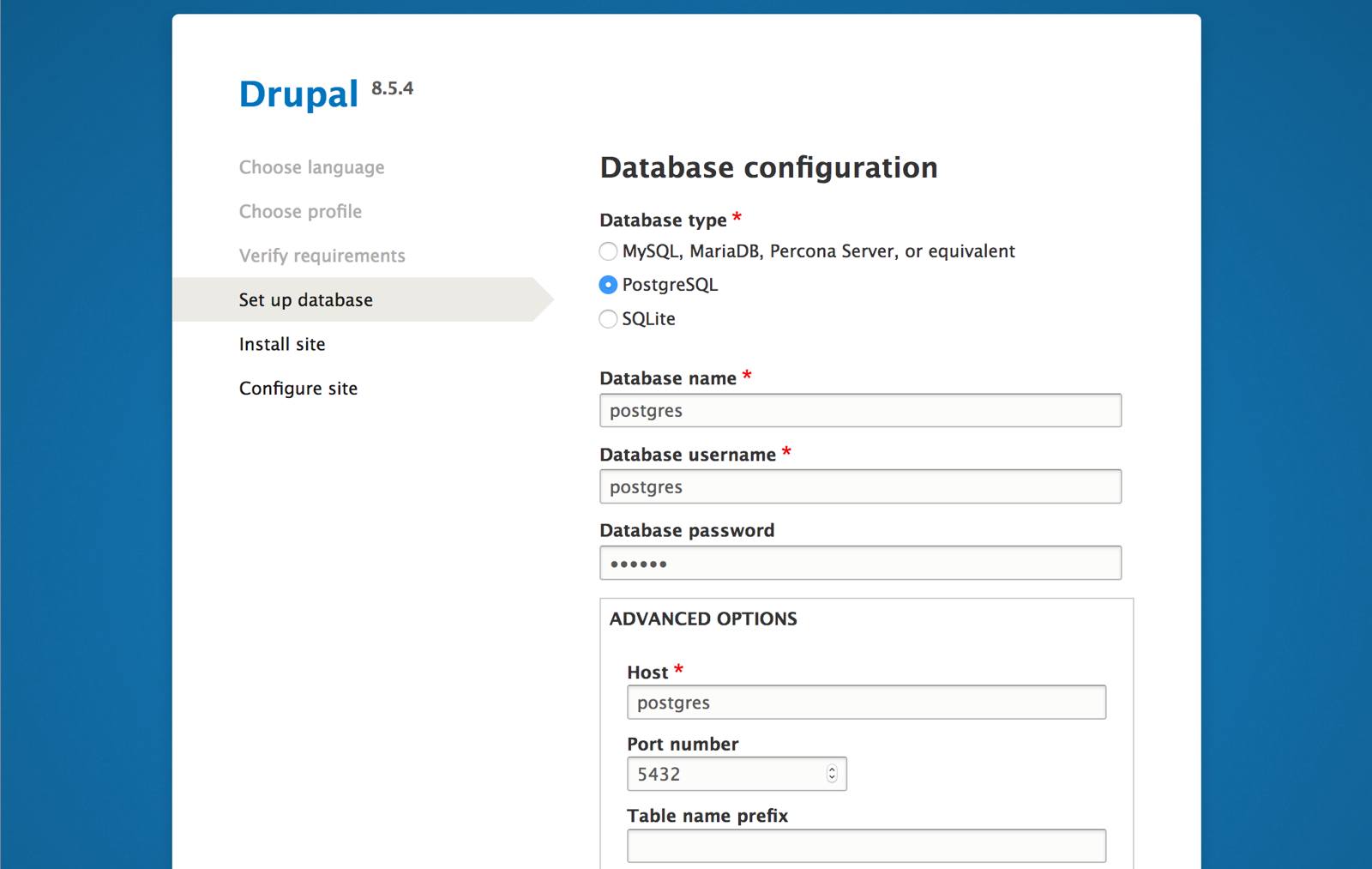 Drupal setup screen in the web browser - Set up database page