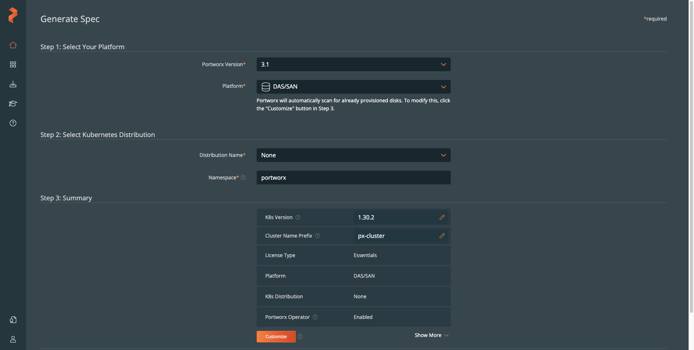 The Generate Spec page in Portworx Central.