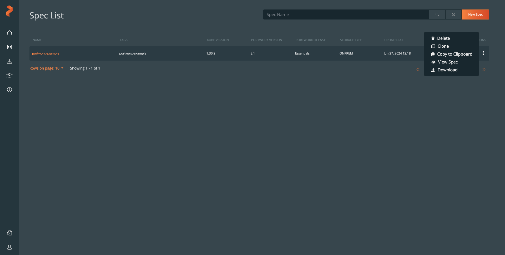 The Spec List section of Portworx Central with portworx-example listed and its action menu opened.