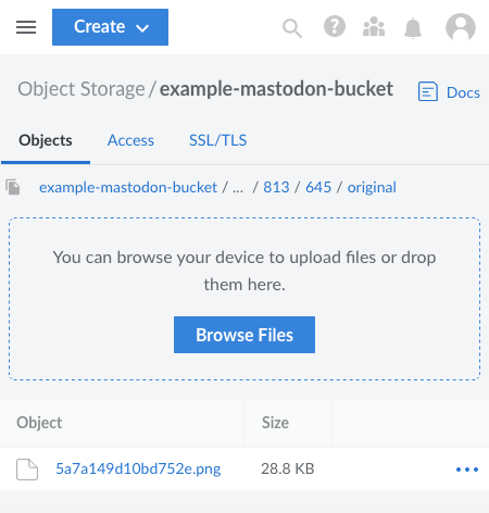 An attachment file for a Mastodon toot visible within the Linode Cloud Manager interface