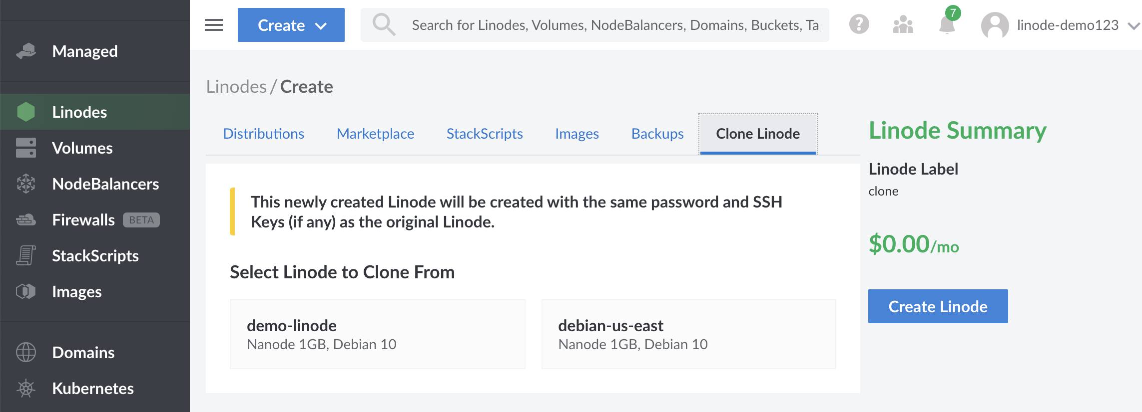 Select the Clone Linode tab to clone an existing Linode.