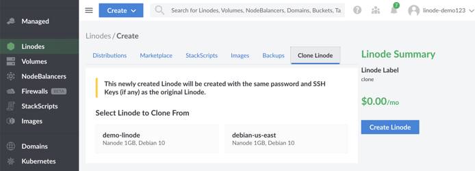 Select the Clone Linode tab to clone an existing Linode.