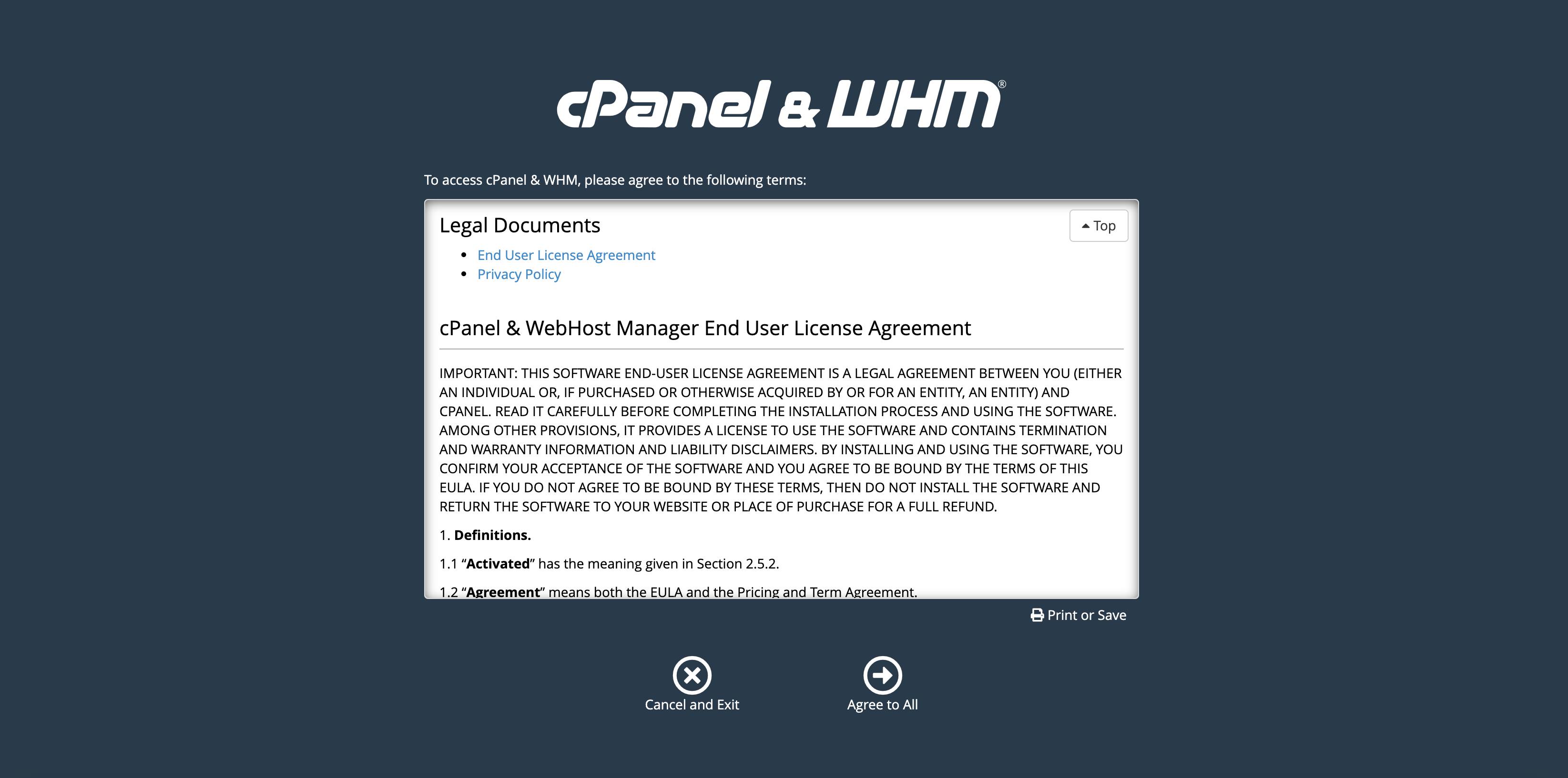 Agree to cPanel and WHMs terms