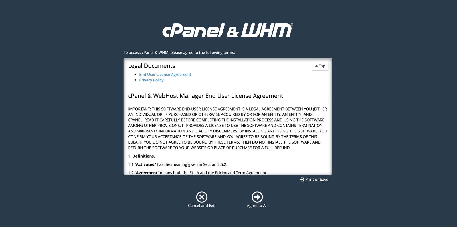 Agree to cPanel and WHMs terms