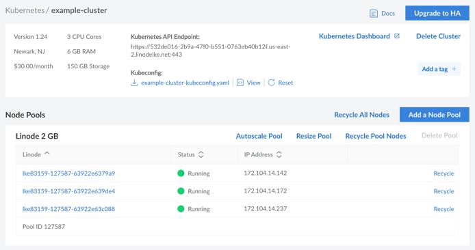 Screenshot of a Kubernetes cluster detail page in Cloud Manager