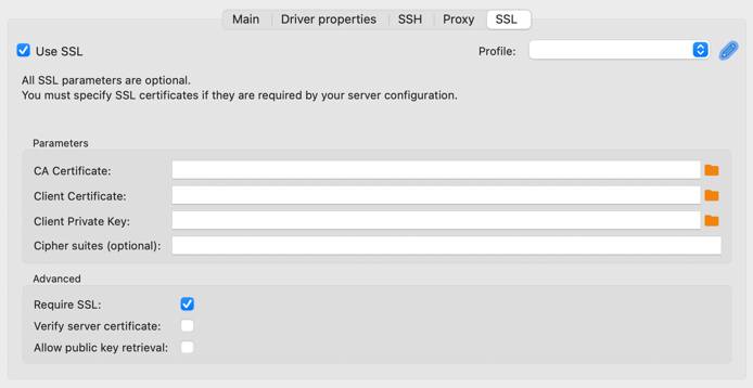 Screenshot of DBeavers MySQL SSL connection settings.